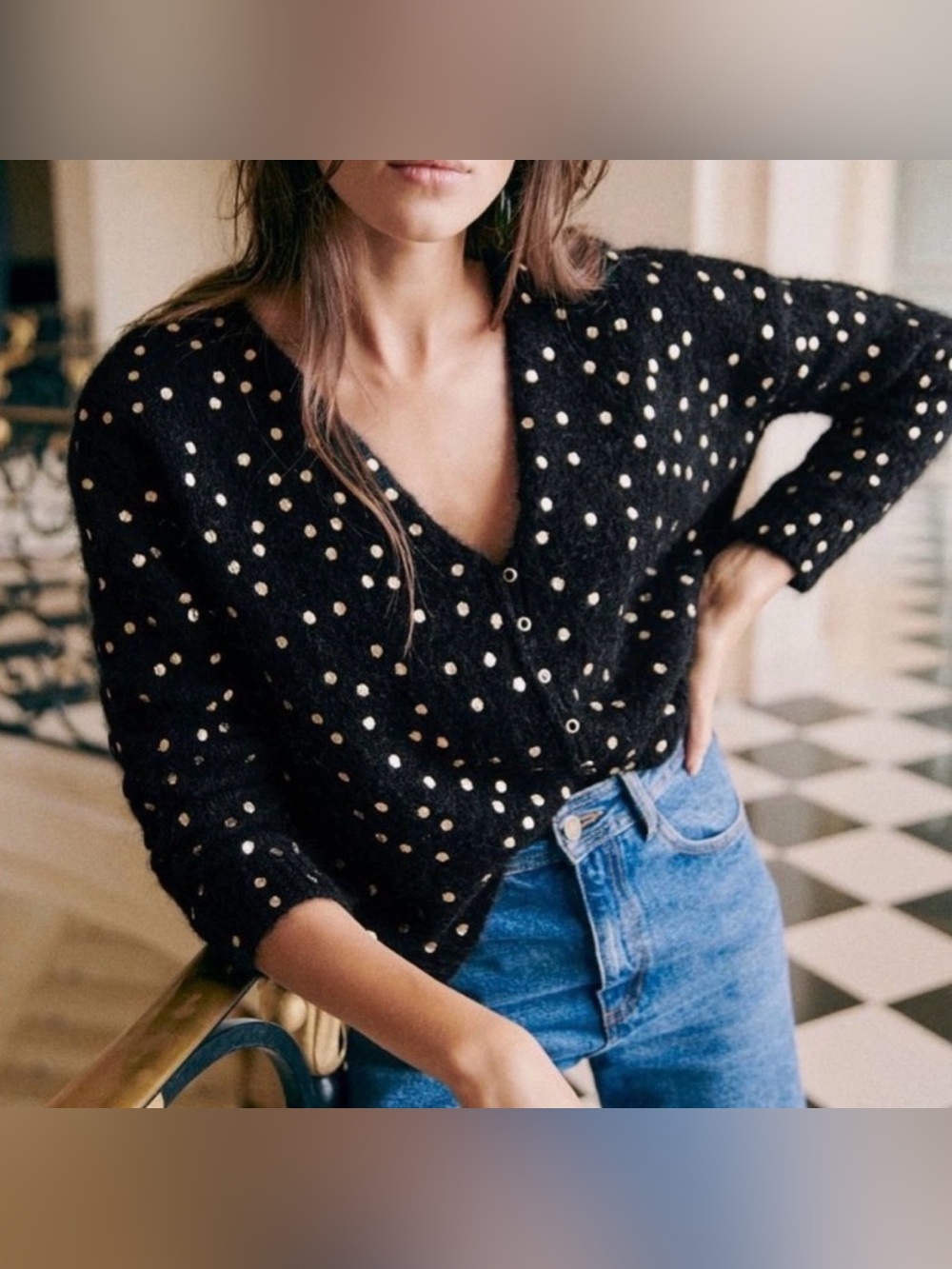 Sézane Lizy Cardigan in black with gold polka dots Mohair and Wool